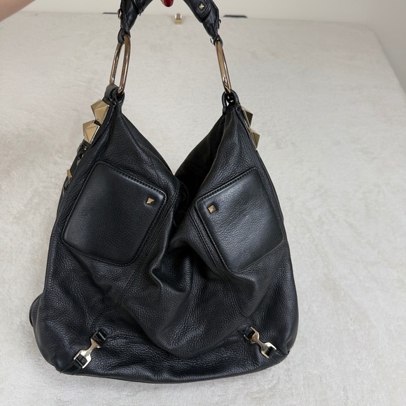 Black Studded Leather Bag Slouchy Tote Edgy Chic Boho Rocker Street Style - Picture 2 of 13